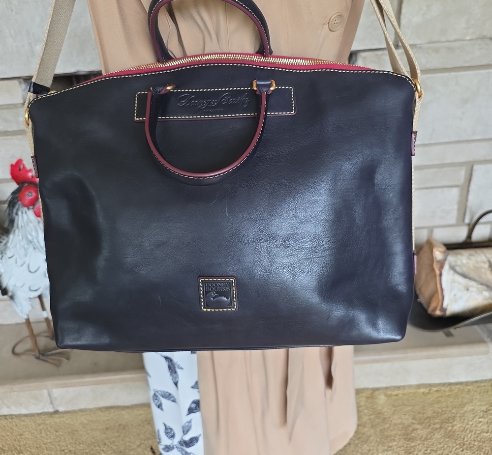 Dooney & Bourke Black Leather Tote with Burgundy Trim and Gold Hardware